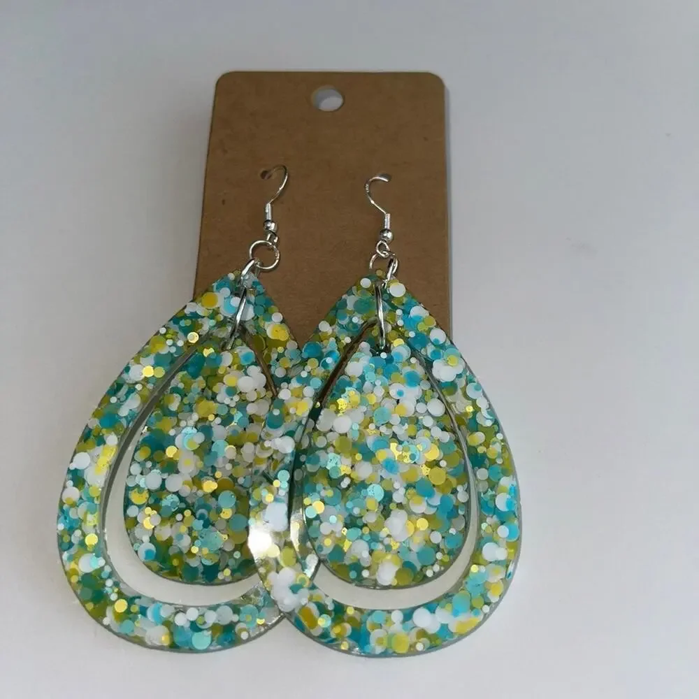 Handmade epoxy resin large teardrop dangle earrings-turquoise yellow white‎